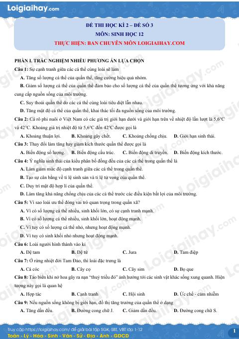 Đề thi học kì 2 Sinh 12 - Đề số 3